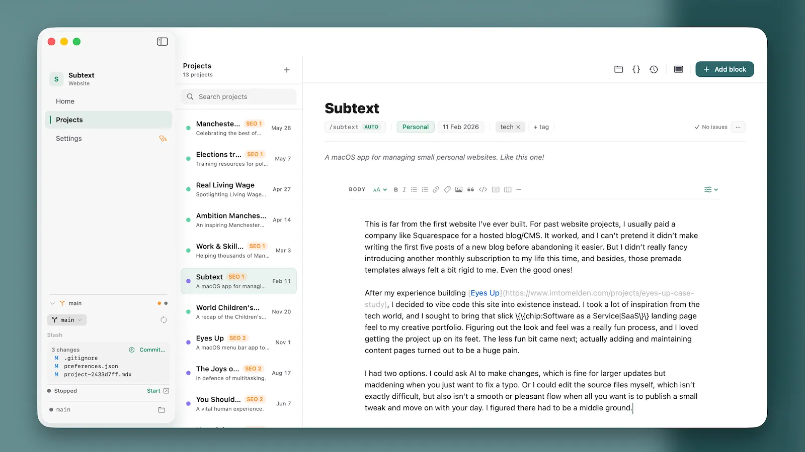 Screenshot of the Subtext app, open on the editing view for the Subtext page itself